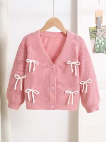 SHEIN 女童蝴蝶結前襟落肩開襟衫 - 粉色 - 查看 5