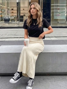 SHEIN PariChic Solid Cable Knit Skirt Brunch Beige Autumn Casual Brunch - White - View 7