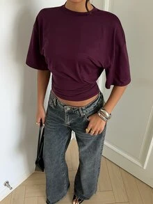 Aloruh Kaos Crop Top Polos dengan Bahu Jatuh, Cocok untuk Acara Santai, Brunch, Pantai, Hari Minggu, Warna Ungu Tua, dan Gaya Kasual Musim Panas. - Red Violet - View 5
