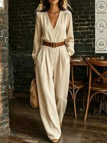 EMERY ROSE Solid V Neck Jumpsuit Without Belt - Apricot - View 1