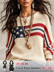 SHEIN CURVE+ كنزة صوفية بنمط أمريكانا مع أكتاف منسدلة مقاس كبير - متعدد الألوان - مشاهدة 1