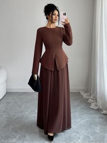 Elenzga Gaun Panjang Polos dengan Kelim Asimetris - Coklat - View 8