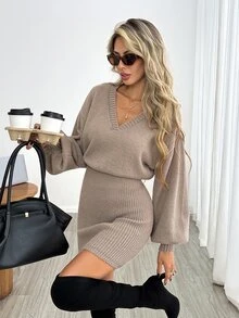 Easowa Solid Batwing Sleeve Sweater Dress - Khaki - View 3