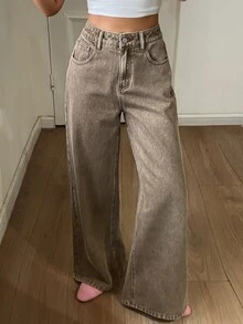 DAZY Celana Jeans Pinggang Tinggi dengan Potongan Lebar untuk Liburan Musim Gugur - Khaki - View 1