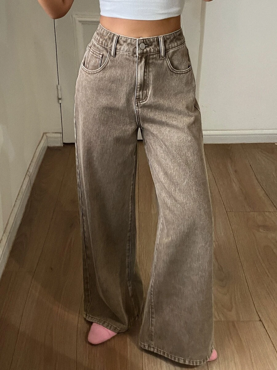 DAZY Celana Jeans Pinggang Tinggi dengan Potongan Lebar untuk Liburan Musim Gugur - Khaki - View 1