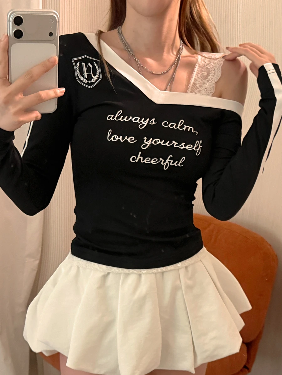 DAZY Slogan Graphic Contrast Lace Asymmetrical Neck Tee Fall - Navy Blue - View 1
