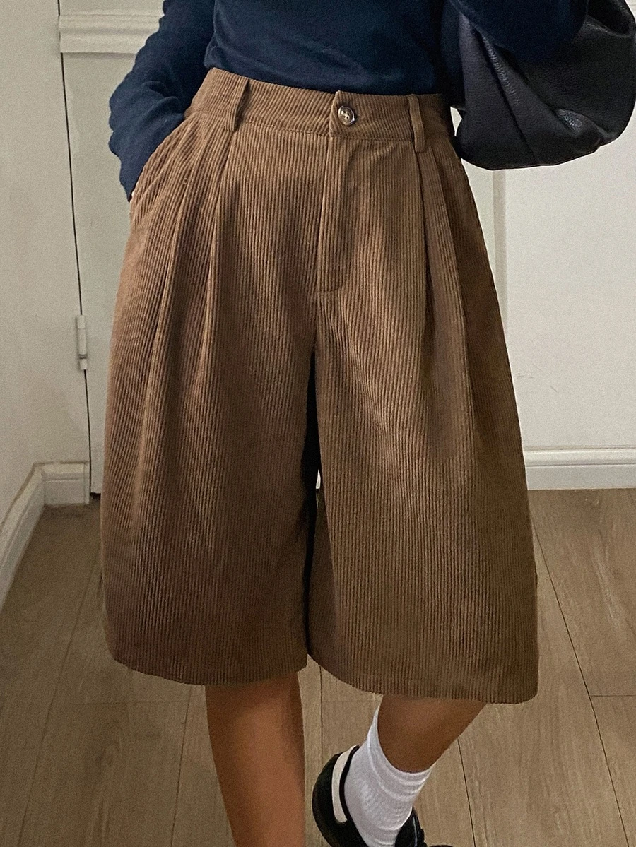 DAZY Solid Cord High Waist Plicated Detail Bermuda Shorts - Brown - View 1
