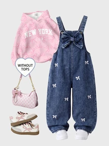 SHEIN Genkimix Kids 女童 1件刺繡細節蝴蝶結前襟牛仔吊帶褲 - 深色水洗藍 - 查看 3