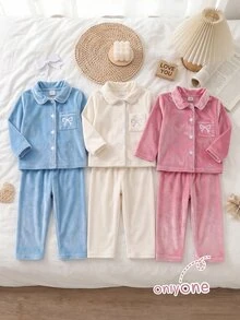 女嬰蝴蝶結刺繡對比滾邊法蘭絨睡衣套裝 - 粉色 - 查看 6