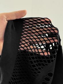 Maweii Plus Contrast Fishnet Mock Neck Top - Black - View 7
