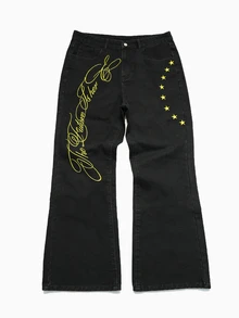 Manfinity Men Star & Letter Graphic Flare Leg Jeans - Black - View 5