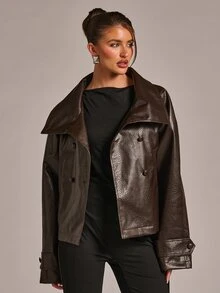 SHEIN BAE Collared Belted PU Leather Trench Coat - Chocolate Brown - View 5