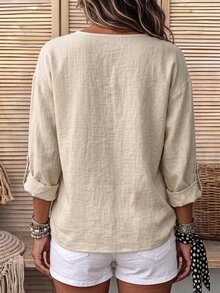 EMERY ROSE Solid Button Front Blouse - Khaki - View 2