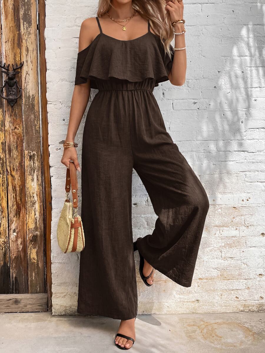 SHEIN Clasi Cold Shoulder Ruffle Trim Wide Leg Jumpsuit - Coffee Brown - View 1