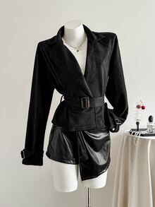 Elamini Lapel Neck Belted Trench Coat - Black - View 3