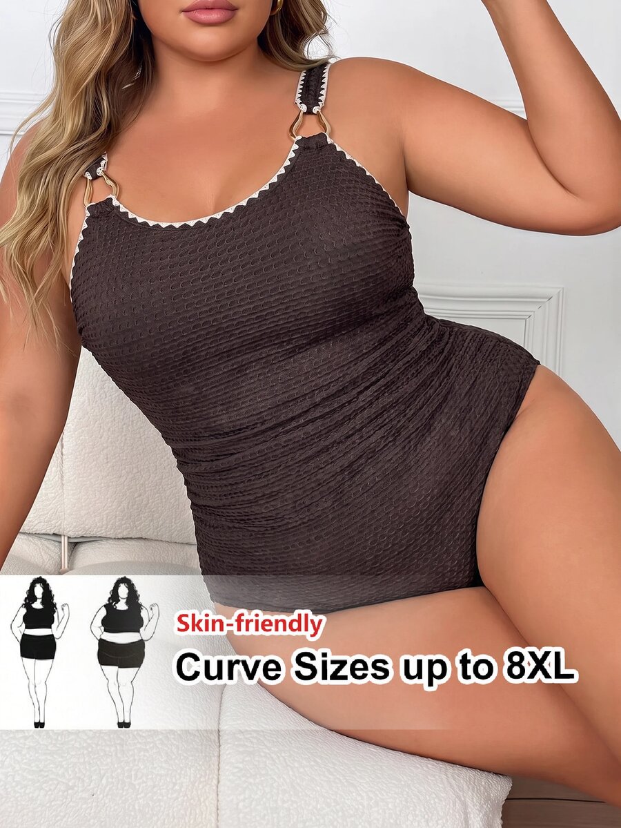 SHEIN CURVE+ 大尺碼對比滾邊連身泳衣
