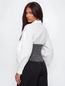 Avantive Women Blouses Shirts Night Out Brunch Office Date Night White Autumn Tweed Sexy Elegant Casual Faux-Layered Shirt - Black and White - View 3