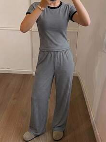 DAZY Striped Print Contrast Binding Lounge Set - Dark Grey - View 5