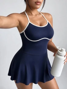 SHEIN Velisys Gaun Olahraga Wanita Ukuran Besar untuk Pickleball Warna Biru Navy Gaya Kawaii - Biru - View 3