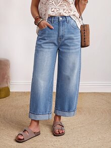 SHEIN PETITE 高腰寬腿牛仔褲 - 藍色 - 查看 8