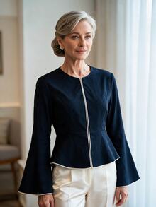 Offisola Women Senior Contrast Binding Flounce Sleeve Peplum Jacket - Navy Blue - View 3