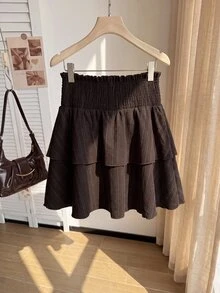 Comfortcana Plus Solid Elastic Waist Ruffle Hem Skirt Fall - Brown - View 2