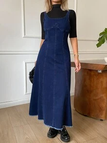 DAZY Gaun Cami Denim dengan Potongan Mentah Tanpa Kaos untuk Liburan - Biru - View 2