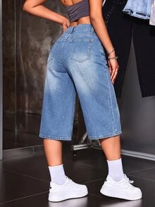 SHEIN ICON 1件漂白水洗寬腿牛仔褲 - 藍色 - 查看 2