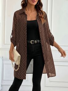SHEIN Clasi Polka Dot Print Roll Tab Sleeve Shirt - Coffee Brown - View 1