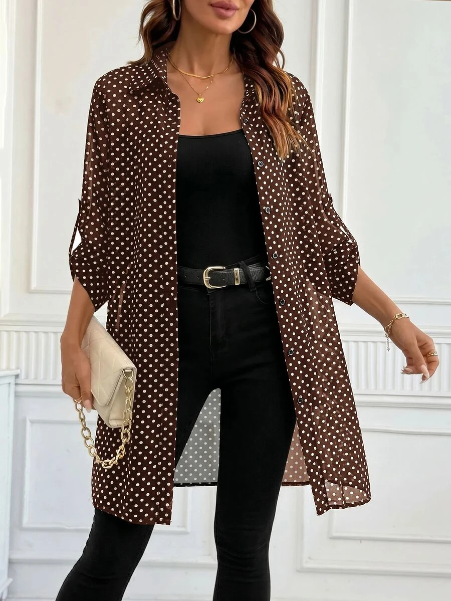SHEIN Clasi Polka Dot Print Roll Tab Sleeve Shirt - Coffee Brown - View 1