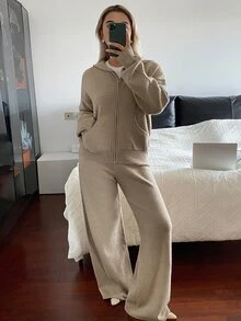DAZY Solid Drop Shoulder Zip Up Hooded Cardigan & Wide Leg Knit Pants Set Fall - Apricot - View 4