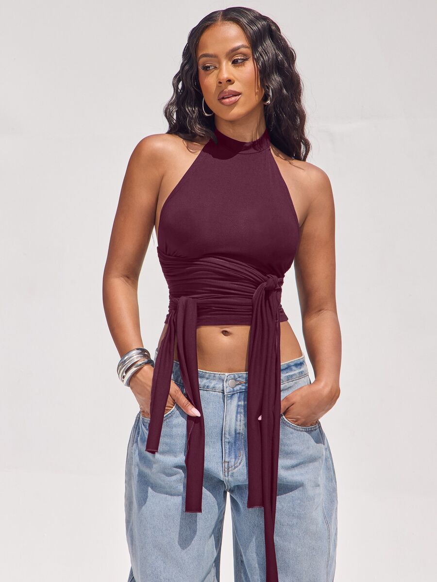 Denimoi Women's Solid Color Side Knot Design Sexy Fitted Halter Top - Red Violet - View 1