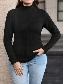 Chikora Camiseta térmica de cuello alto lisa para otoño e invierno, talla grande - Negro - Ver 4