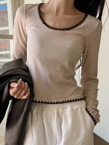 Livesso Contrast Trim Ribbed Knit Tee - Khaki - View 1