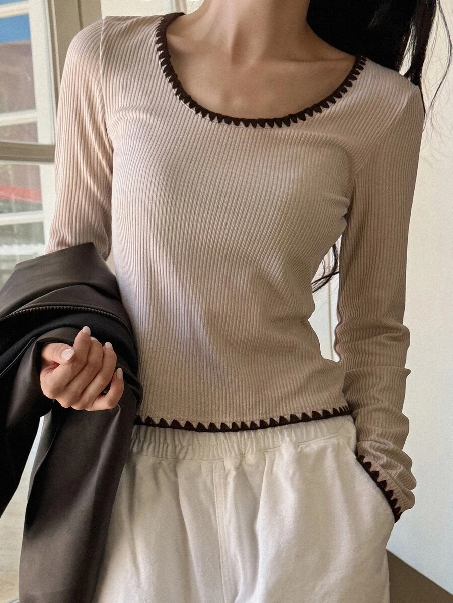 Livesso Contrast Trim Ribbed Knit Tee - Khaki - View 1