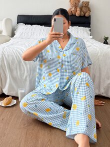 Napfluff CURVE Napfluff CURVE Plus Gingham & Lemon Print PJ Set - Blue - View 6