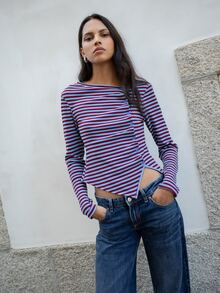 Nöista Atasan Rajut Slim Fit Bergaris dengan Hem Asimetris. Gaya Y2K, Musim Gugur/Musim Dingin, Kasual, Kencan, Jalan-jalan. - Biru - View 1