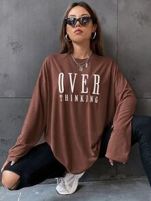 SHEIN Unity 字母刺繡落肩短袖T恤 - 咖啡棕 - 查看 6