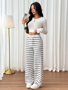 SHEIN PETITE 女士毛衣褲子 - 黑與白 - 查看 3