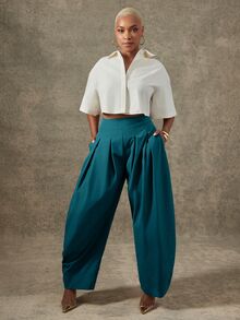 Vixey Solid Slant Pocket Fold Pleated Tapered Pants - Cadet Blue - View 3