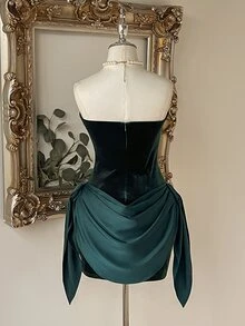 Lovelzi Two Tone Ruched Side Tube Cocktail Dress - Dark Green - View 3