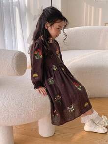 Dazy Kids Young Girl Embroidery Floral Pattern Flare Sleeve Dress Fall - Brown - View 6