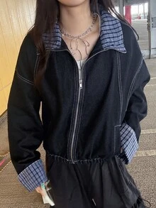 FRIFUL Plaid Print Drop Shoulder Zip Up Denim Jacket Everyday Going Out School Navy Blue And White Autumn Casual Streetwear Street - Blue - View 7