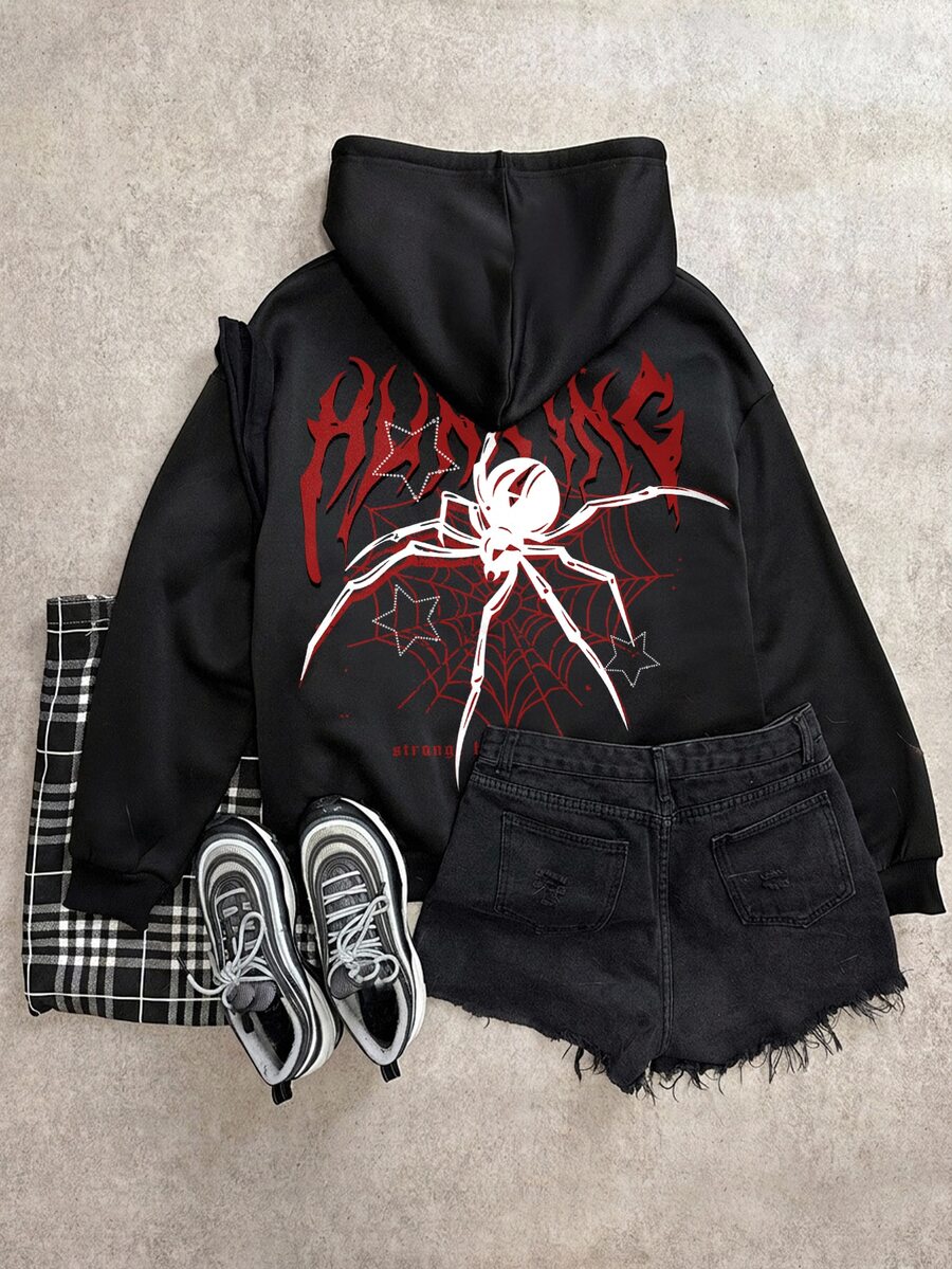 SHEIN EZwear 蜘蛛字母圖案落肩寬鬆拉鍊抽繩連帽衛衣,萬聖節穿搭百搭女裝 - 黑色 - 查看 1
