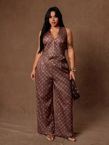 Rustia Chaleco con estampado integral & Pantalones de pierna ancha talla grande - Multicolor - Ver 1