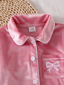 女嬰蝴蝶結刺繡對比滾邊法蘭絨睡衣套裝 - 粉色 - 查看 8