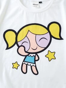 THE POWERPUFF GIRLS X SHEIN Cartoon Graphic Tee & Shorts PJ Set - Blue - View 4