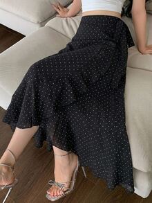 DAZY Polka Dot Ruffle Trim Wrap Knot Side Skirt - Black - View 3