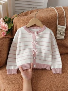 SHEIN 女童條紋圖案落肩蝴蝶結前襟開襟衫 - 粉色 - 查看 1