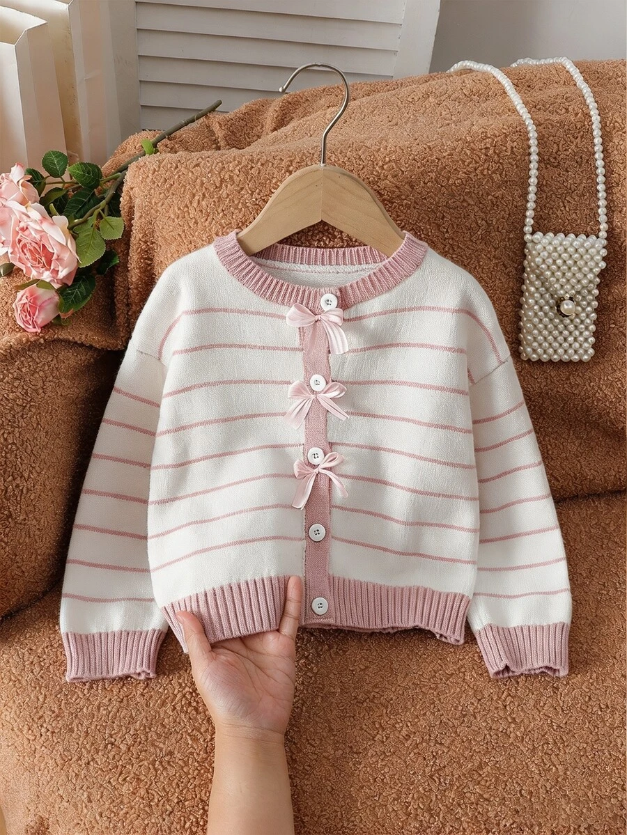 SHEIN 女童條紋圖案落肩蝴蝶結前襟開襟衫 - 粉色 - 查看 1